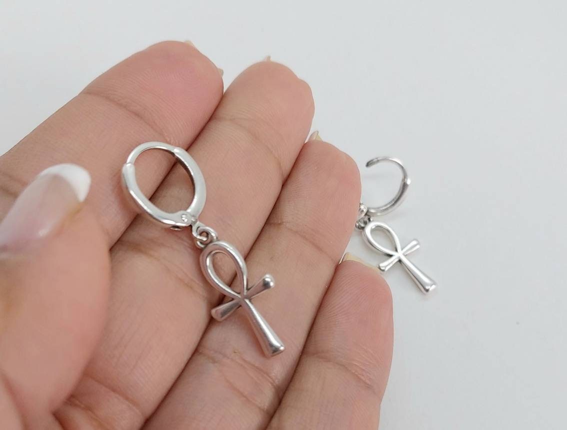 Egyptian ankh earrings,silver tiny hoop earrings, ankh hoop earrings , ankh jewelry, ankh earrings, silver filled hoop earrings antique