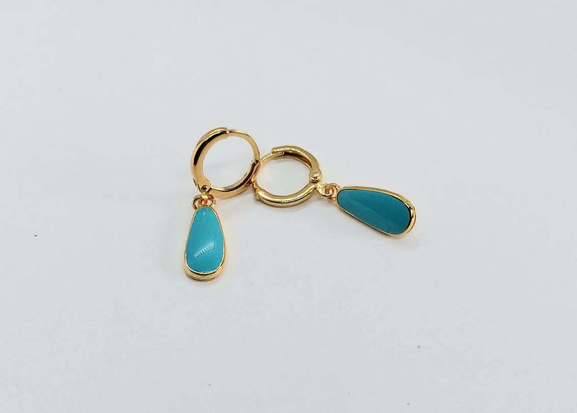 Turquoise earrings ,drop earrings gold ,tiny hoop earrings, teardrop earrings, gold jewelry, , 24k gold plated hoop earrings , aqua hoops