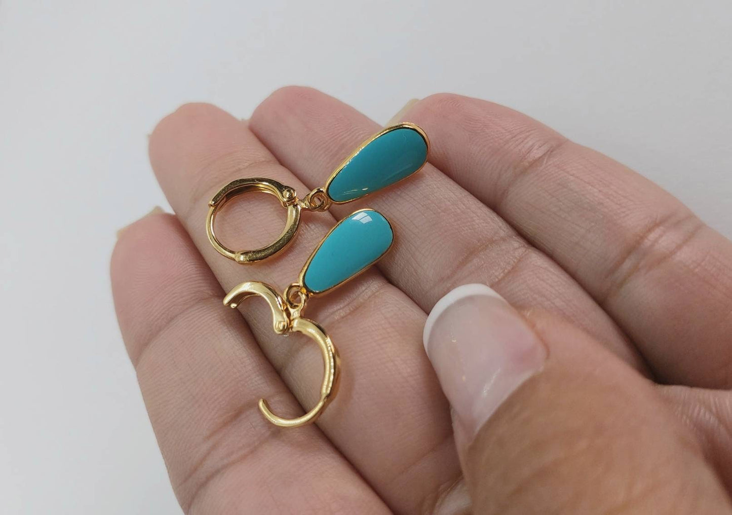 Turquoise earrings ,drop earrings gold ,tiny hoop earrings, teardrop earrings, gold jewelry, , 24k gold plated hoop earrings , aqua hoops