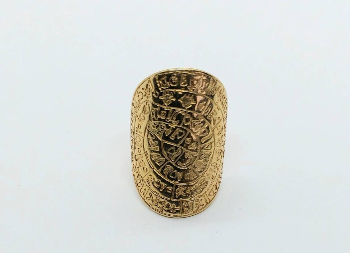 Gold bohemian ring, Phaistos ring , statement ring, ancient Grecian ring Greek Cretan jewelry, Phaistos disc ring , Coin ring ,gold ring