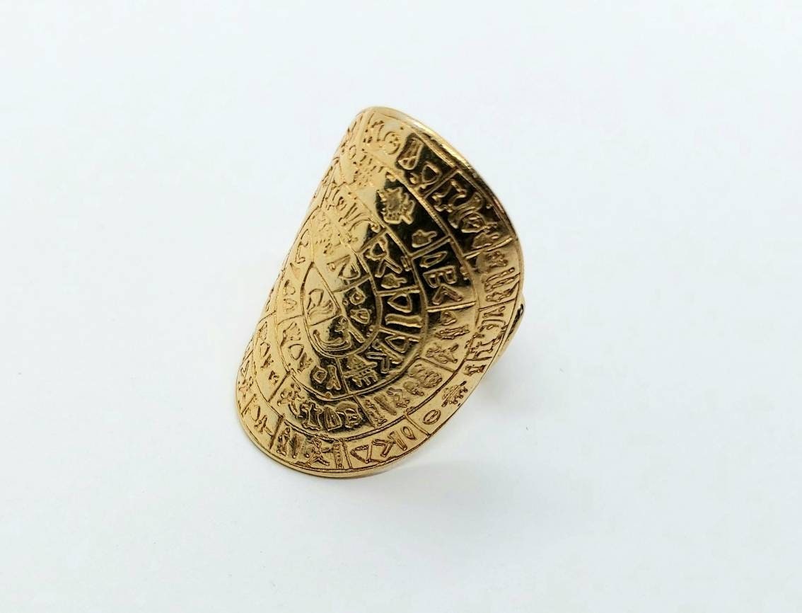 Gold bohemian ring, Phaistos ring , statement ring, ancient Grecian ring Greek Cretan jewelry, Phaistos disc ring , Coin ring ,gold ring