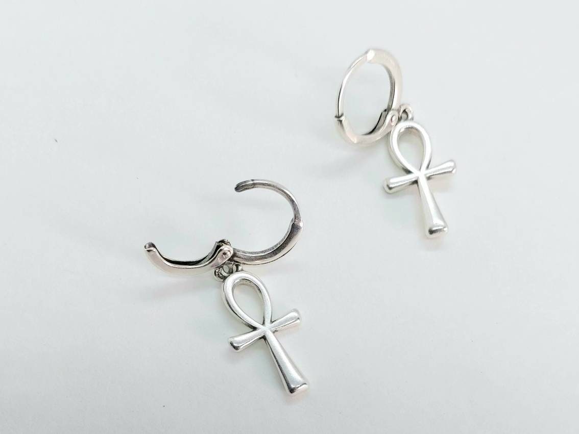 Egyptian ankh earrings,silver tiny hoop earrings, ankh hoop earrings , ankh jewelry, ankh earrings, silver filled hoop earrings antique