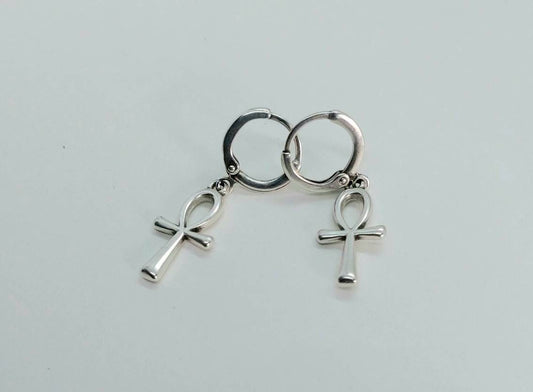 Egyptian ankh earrings,silver tiny hoop earrings, ankh hoop earrings , ankh jewelry, ankh earrings, silver filled hoop earrings antique