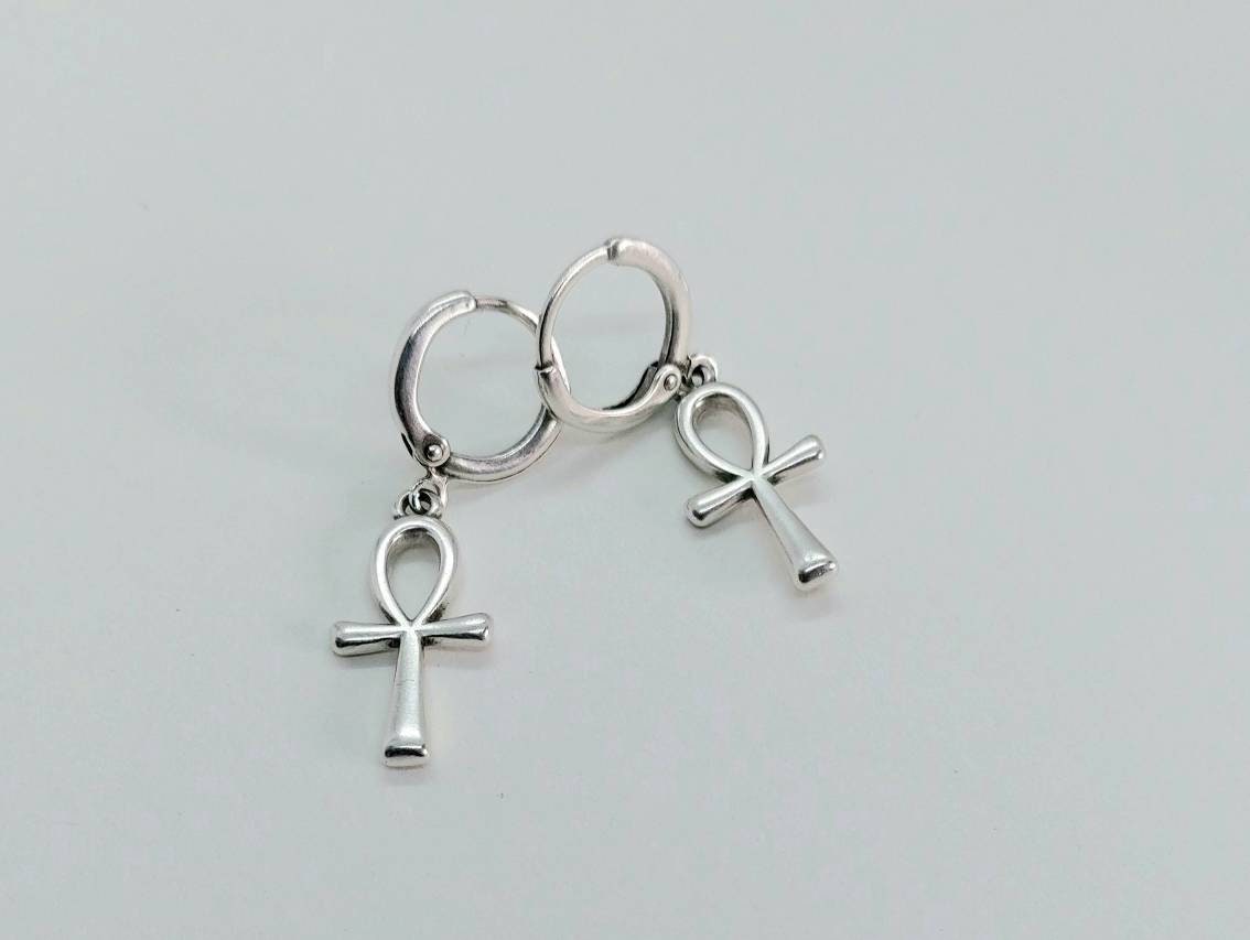 Egyptian ankh earrings,silver tiny hoop earrings, ankh hoop earrings , ankh jewelry, ankh earrings, silver filled hoop earrings antique