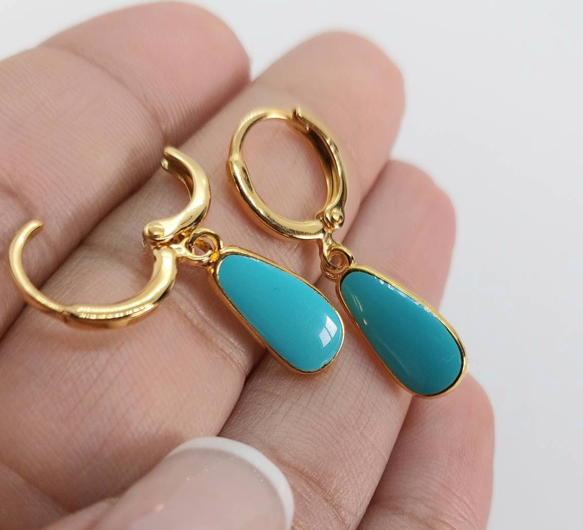 Turquoise earrings ,drop earrings gold ,tiny hoop earrings, teardrop earrings, gold jewelry, , 24k gold plated hoop earrings , aqua hoops