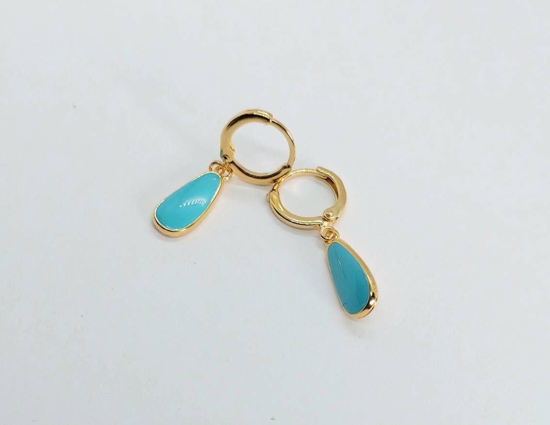 Turquoise earrings ,drop earrings gold ,tiny hoop earrings, teardrop earrings, gold jewelry, , 24k gold plated hoop earrings , aqua hoops