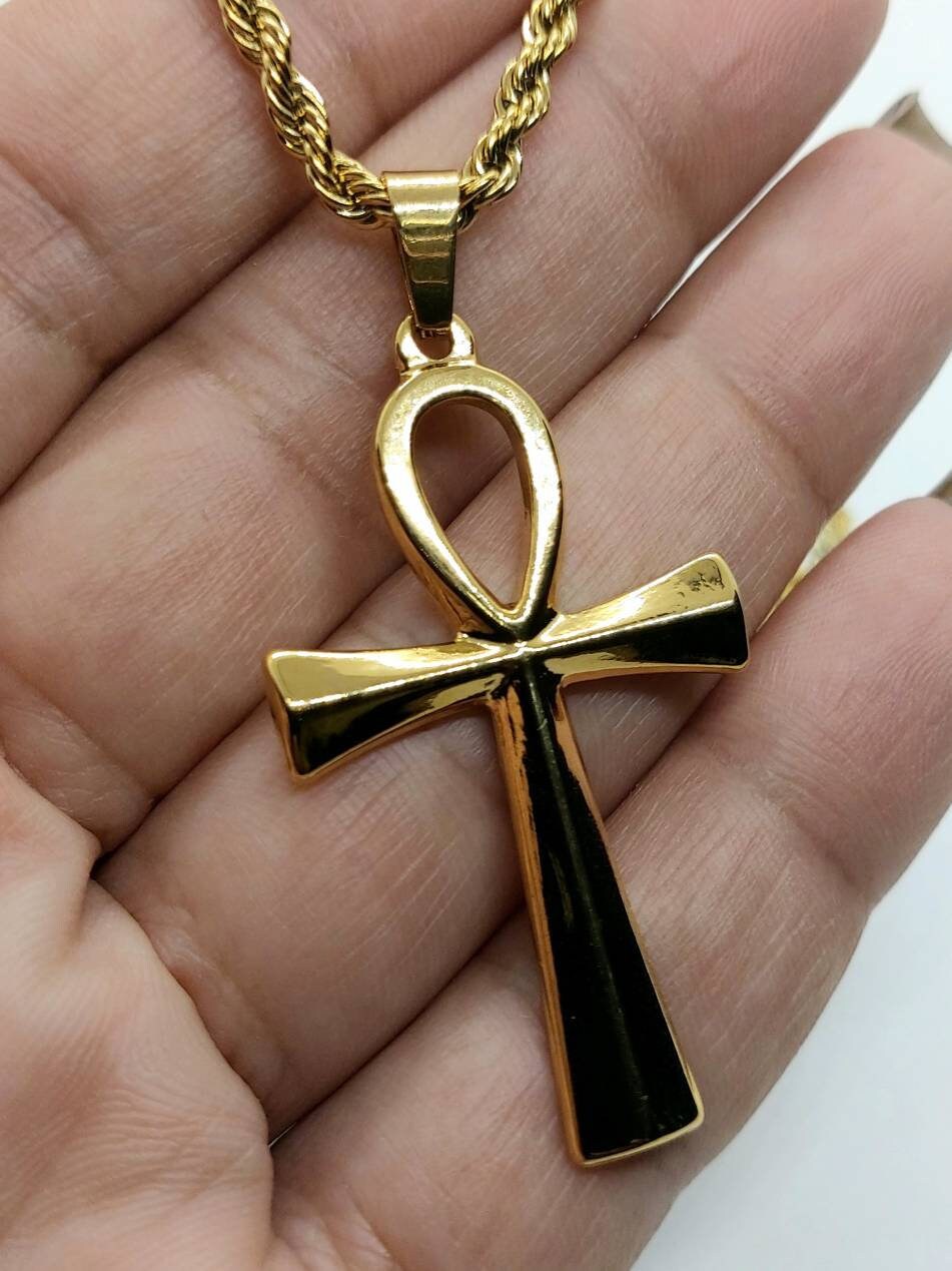 Egyptian ankh necklace stainless steel with rope chain, Egyptian ankh jewelry , 24k gold filled necklace, Egyptian cross of life 2.5"