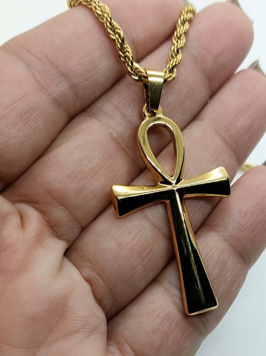 Egyptian ankh necklace stainless steel with rope chain, Egyptian ankh jewelry , 24k gold filled necklace, Egyptian cross of life 2.5"