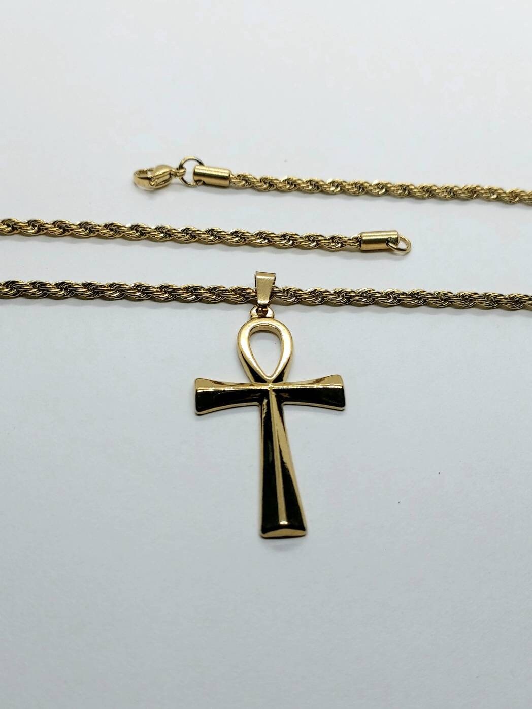 Egyptian ankh necklace stainless steel with rope chain, Egyptian ankh jewelry , 24k gold filled necklace, Egyptian cross of life 2.5"