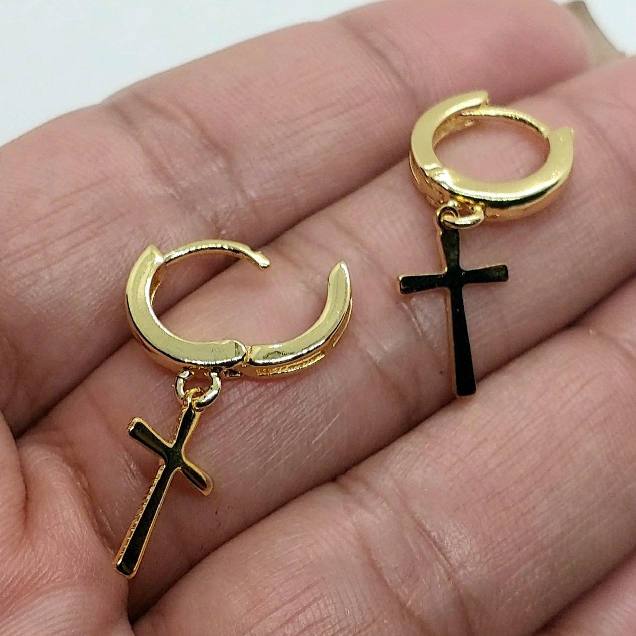 Small hoop earrings with cross , 24K gold filled earrings , Gold hoop earrings ,gold filled earrings , Dangle earrings , small hoops cross