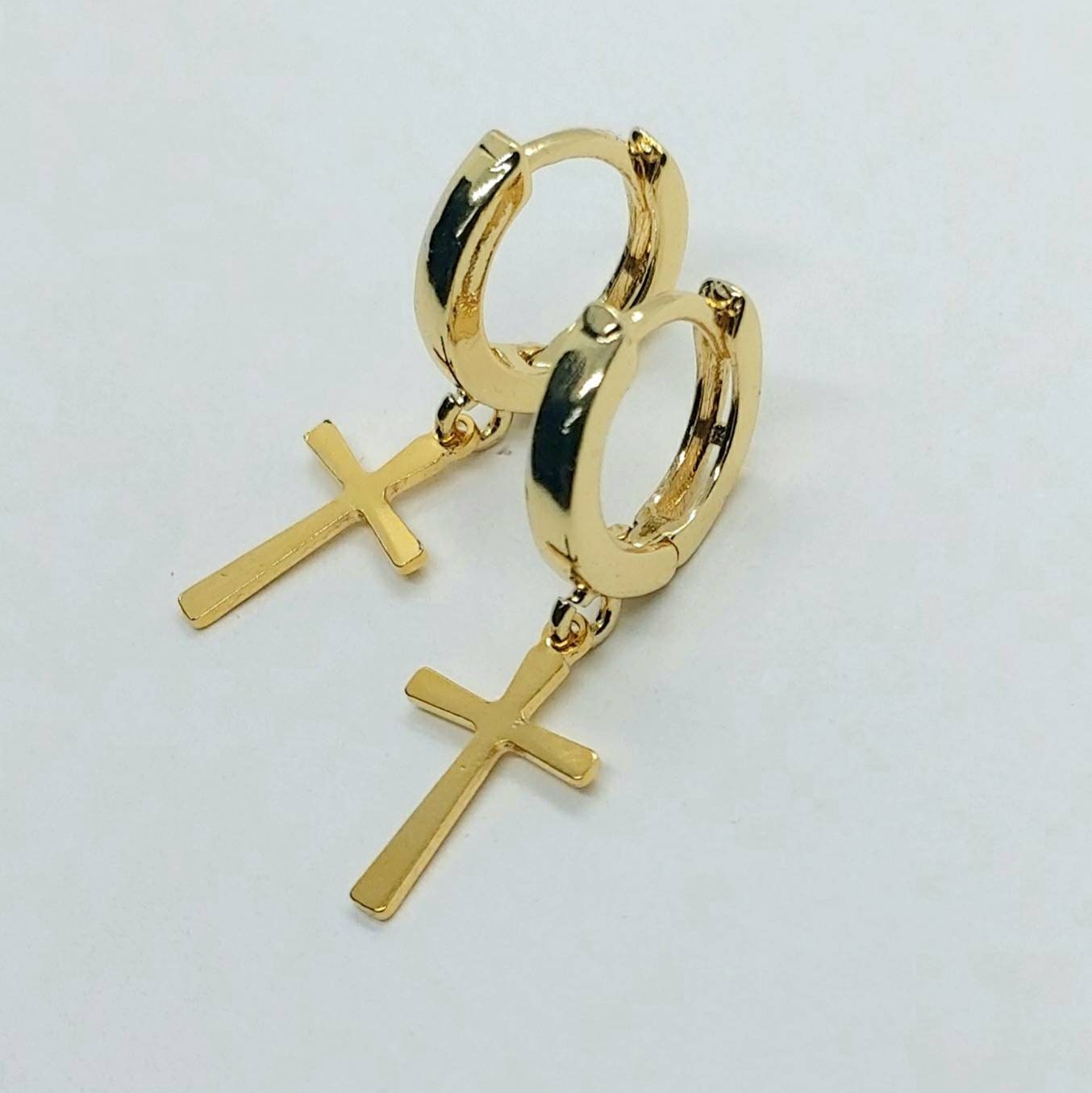 Small hoop earrings with cross , 24K gold filled earrings , Gold hoop earrings ,gold filled earrings , Dangle earrings , small hoops cross