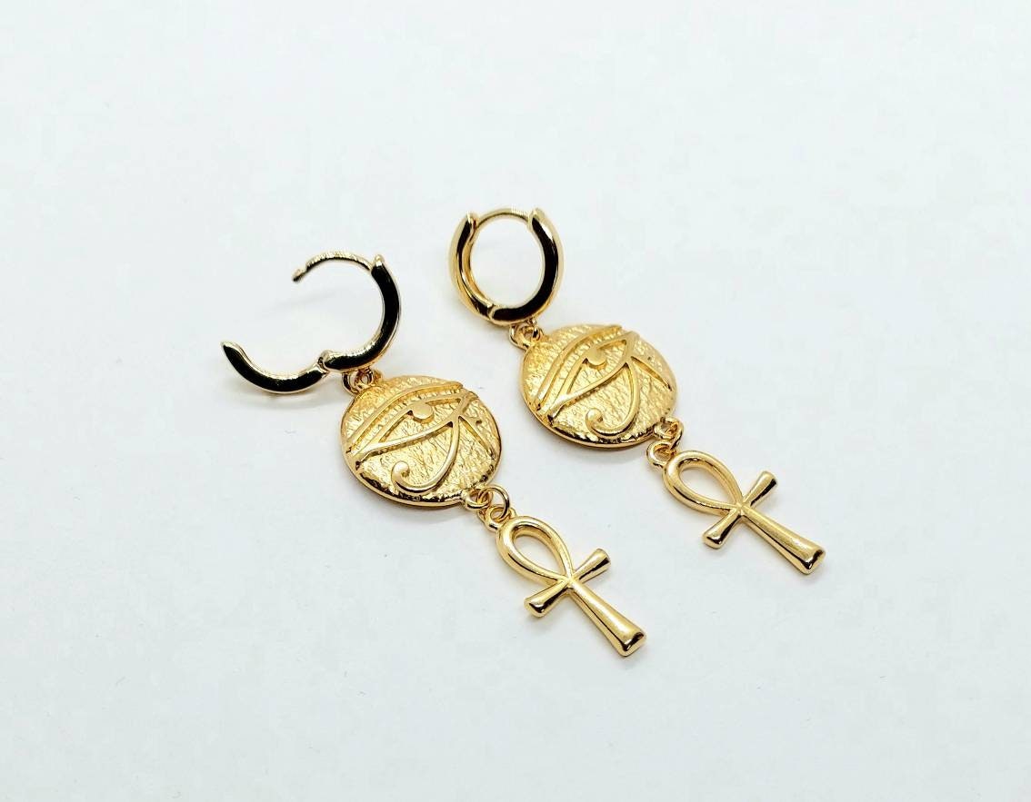 Ankh and eye of Ra earrings, ankh hoop earrings, Egyptian earrings , ankh and Ra jewelry, ankh earrings gold, 24k gold filled earrings