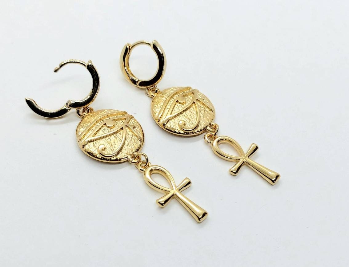 Ankh and eye of Ra earrings, ankh hoop earrings, Egyptian earrings , ankh and Ra jewelry, ankh earrings gold, 24k gold filled earrings