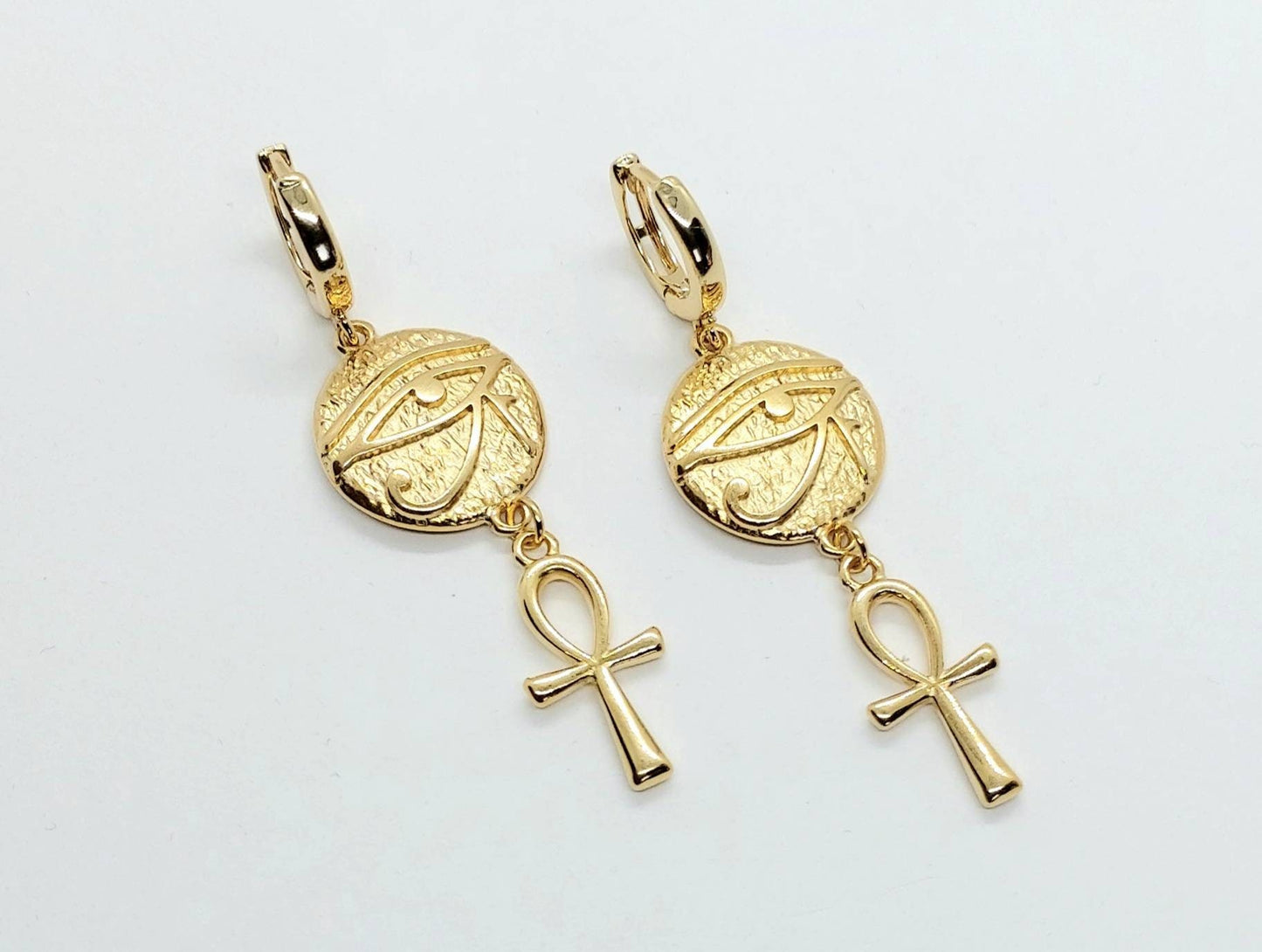 Ankh and eye of Ra earrings, ankh hoop earrings, Egyptian earrings , ankh and Ra jewelry, ankh earrings gold, 24k gold filled earrings