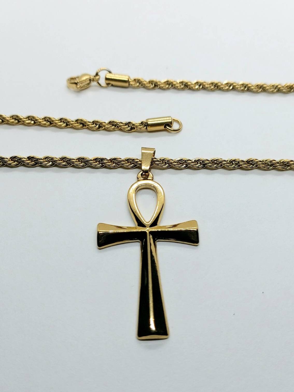 Egyptian ankh necklace stainless steel with rope chain, Egyptian ankh jewelry , 24k gold filled necklace, Egyptian cross of life 2.5"