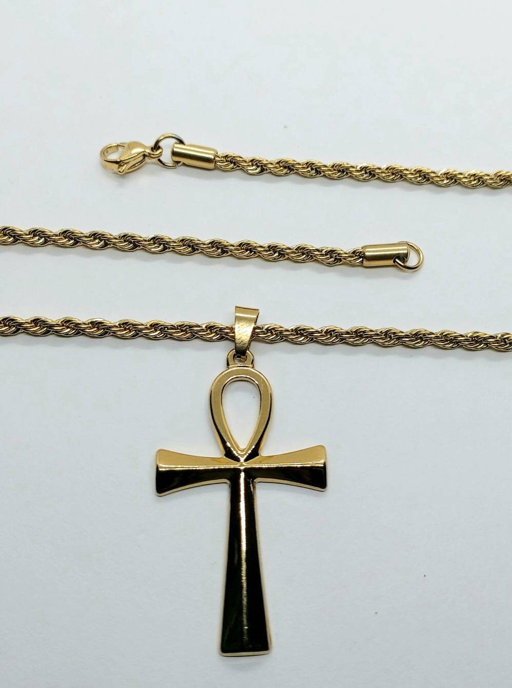 Egyptian ankh necklace stainless steel with rope chain, Egyptian ankh jewelry , 24k gold filled necklace, Egyptian cross of life 2.5"