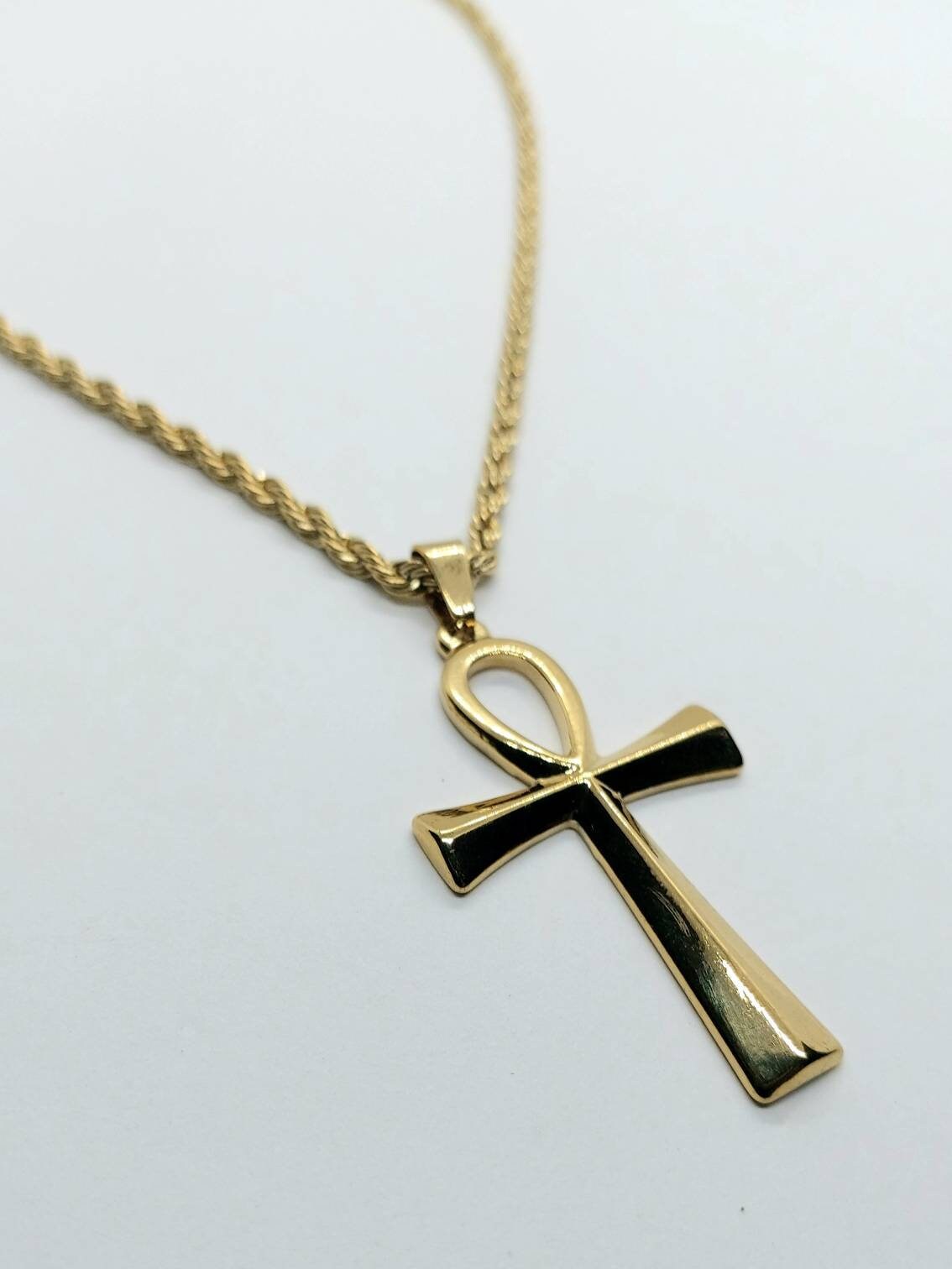 Egyptian ankh necklace stainless steel with rope chain, Egyptian ankh jewelry , 24k gold filled necklace, Egyptian cross of life 2.5"