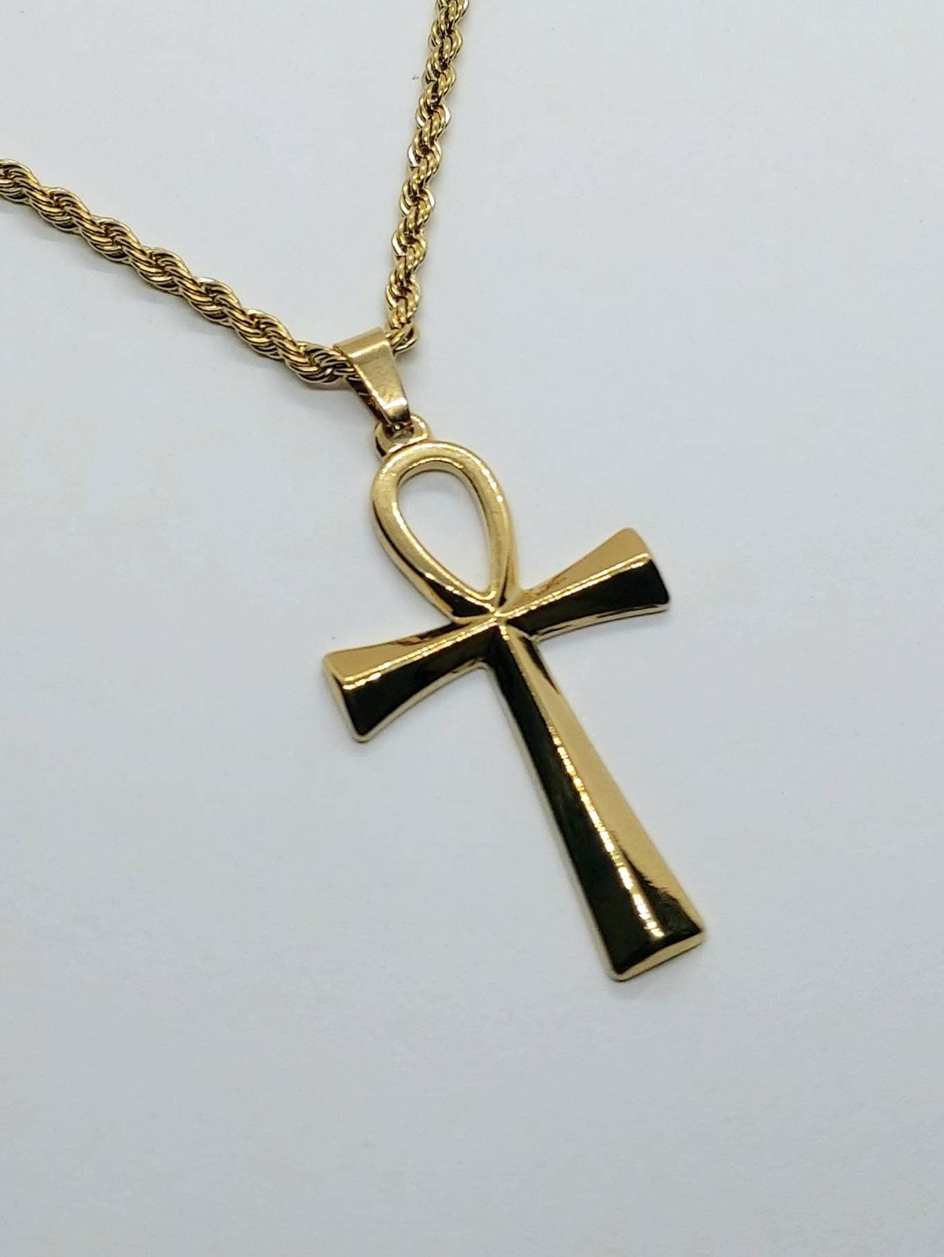 Egyptian ankh necklace stainless steel with rope chain, Egyptian ankh jewelry , 24k gold filled necklace, Egyptian cross of life 2.5"