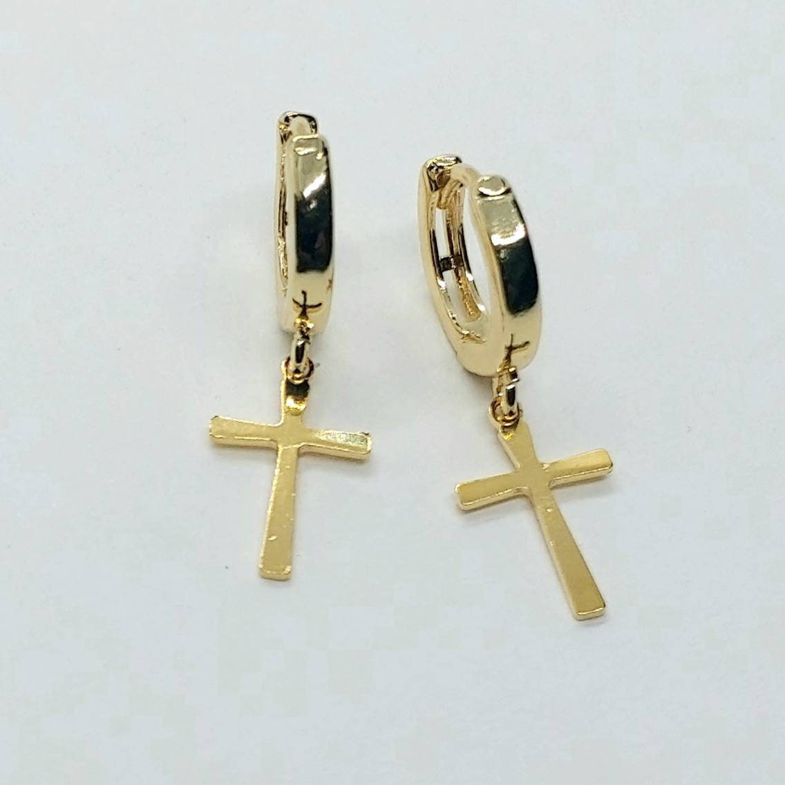 Small hoop earrings with cross , 24K gold filled earrings , Gold hoop earrings ,gold filled earrings , Dangle earrings , small hoops cross