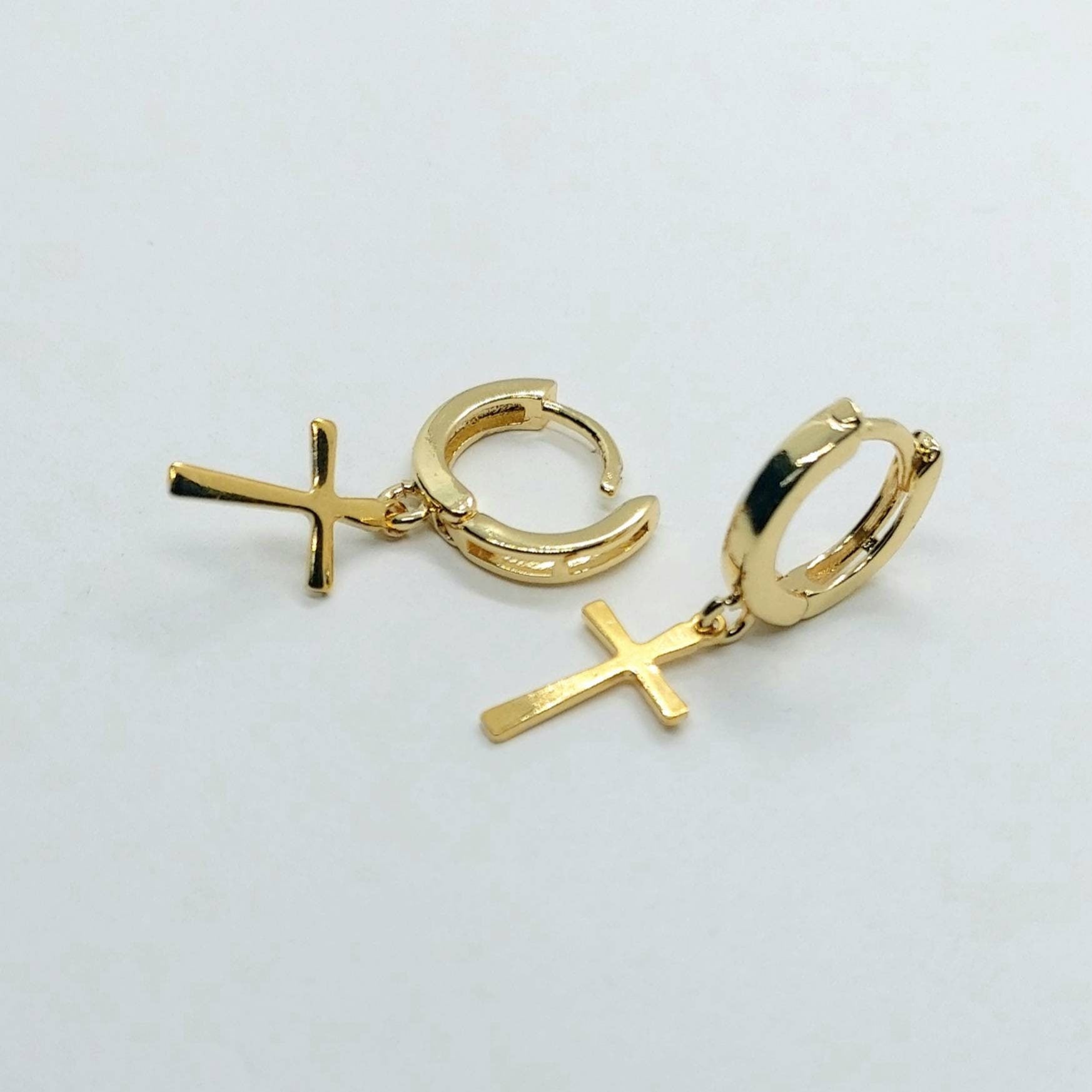 Small hoop earrings with cross , 24K gold filled earrings , Gold hoop earrings ,gold filled earrings , Dangle earrings , small hoops cross