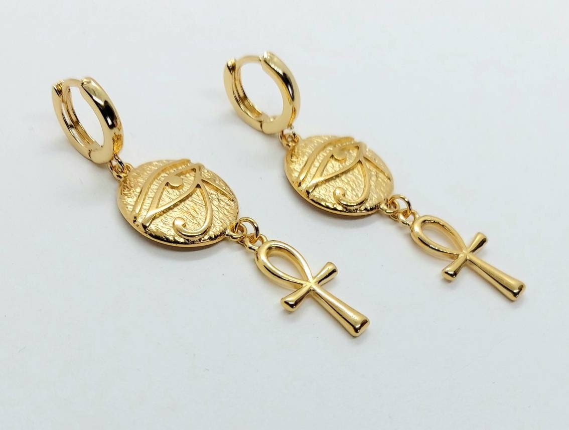 Ankh earrings,eye of Ra and ankh earrings,gold ankh Egyptian earrings , ankh and Ra jewelry, ankh earrings gold, 24k gold filled earrings