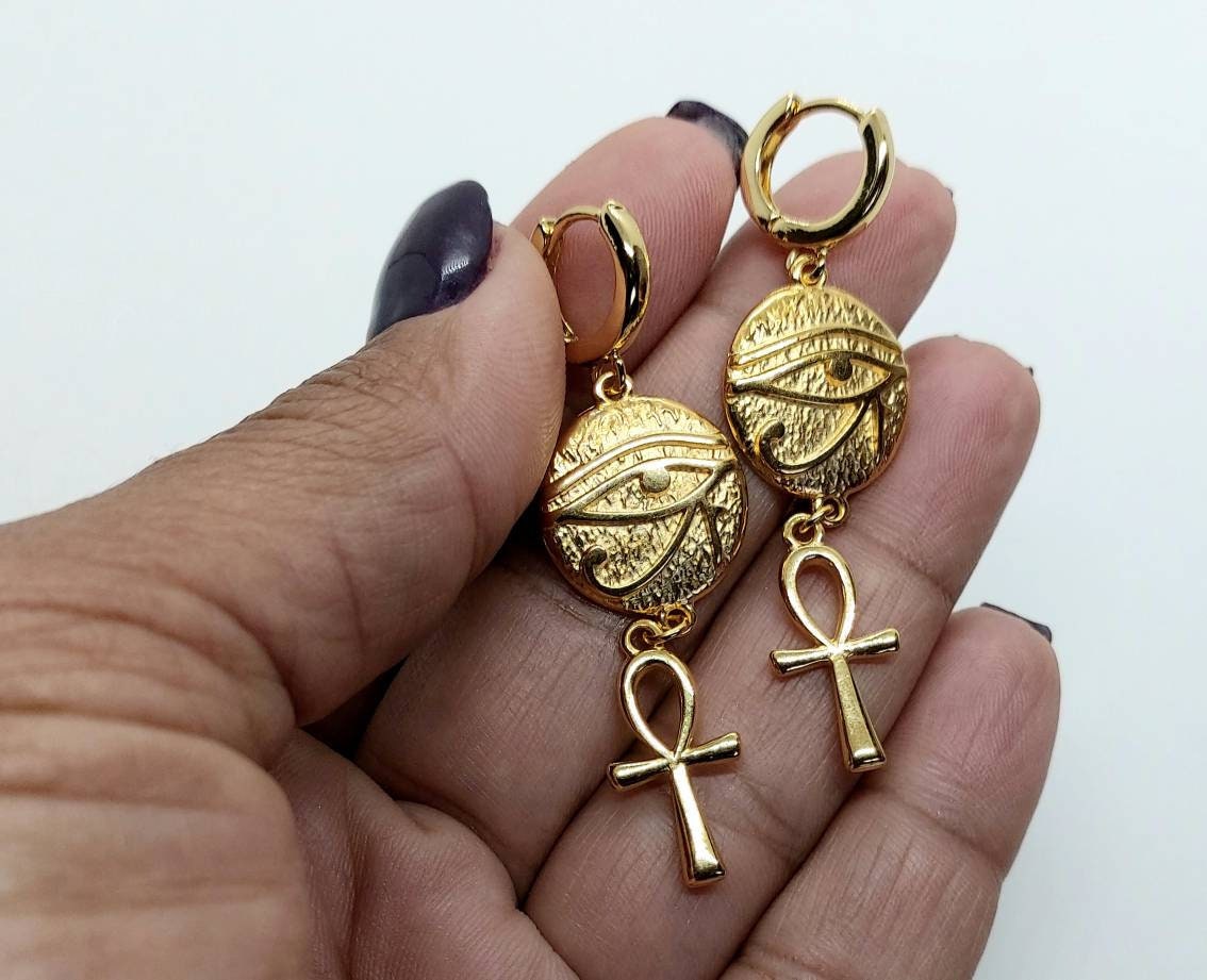 Ankh and eye of Ra earrings, ankh hoop earrings, Egyptian earrings , ankh and Ra jewelry, ankh earrings gold, 24k gold filled earrings