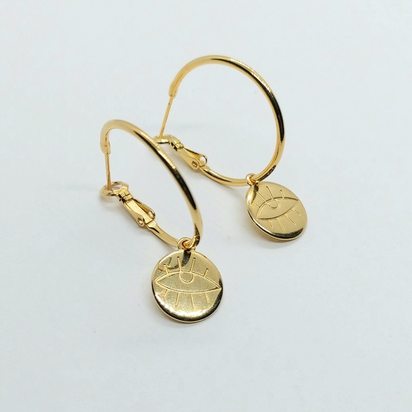 Gold hoop earrings , evil eye hoop earrings , charm earring hoops , thin hoop earrings , dainty hoop earrings , sll seeing eye gold hoops