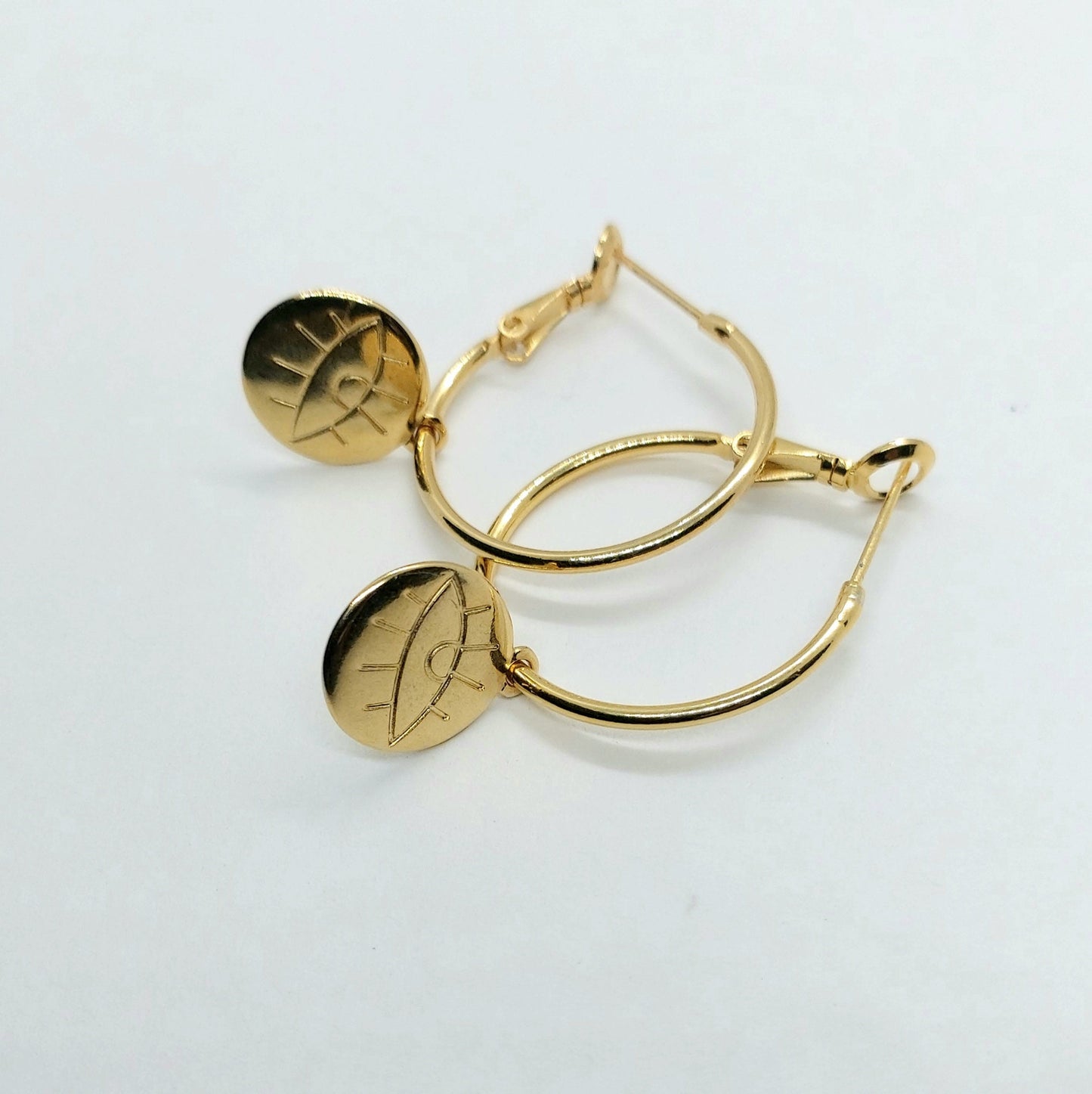 Gold hoop earrings , evil eye hoop earrings , charm earring hoops , thin hoop earrings , dainty hoop earrings , sll seeing eye gold hoops