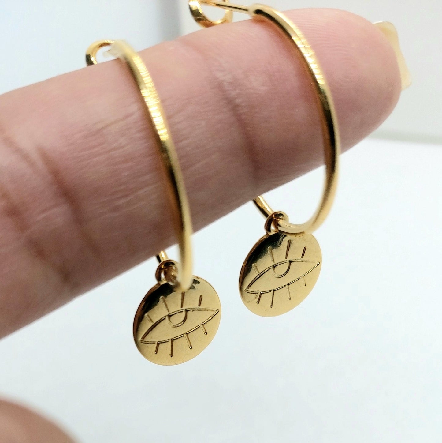 Gold hoop earrings , evil eye hoop earrings , charm earring hoops , thin hoop earrings , dainty hoop earrings , sll seeing eye gold hoops