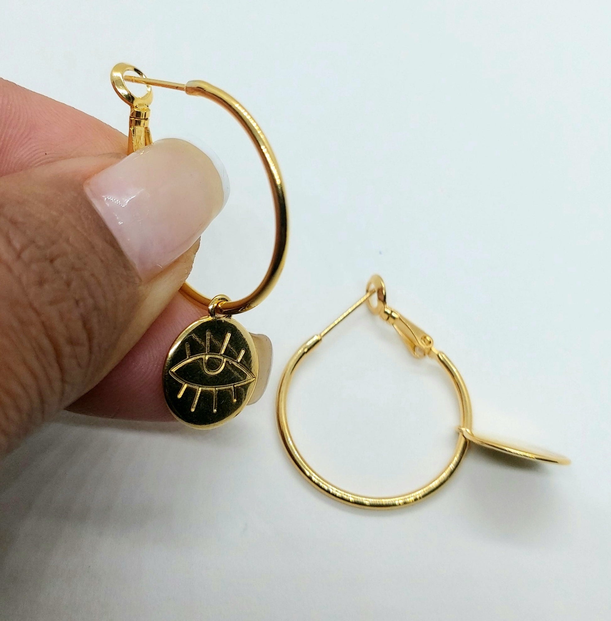 Gold hoop earrings , evil eye hoop earrings , charm earring hoops , thin hoop earrings , dainty hoop earrings , sll seeing eye gold hoops