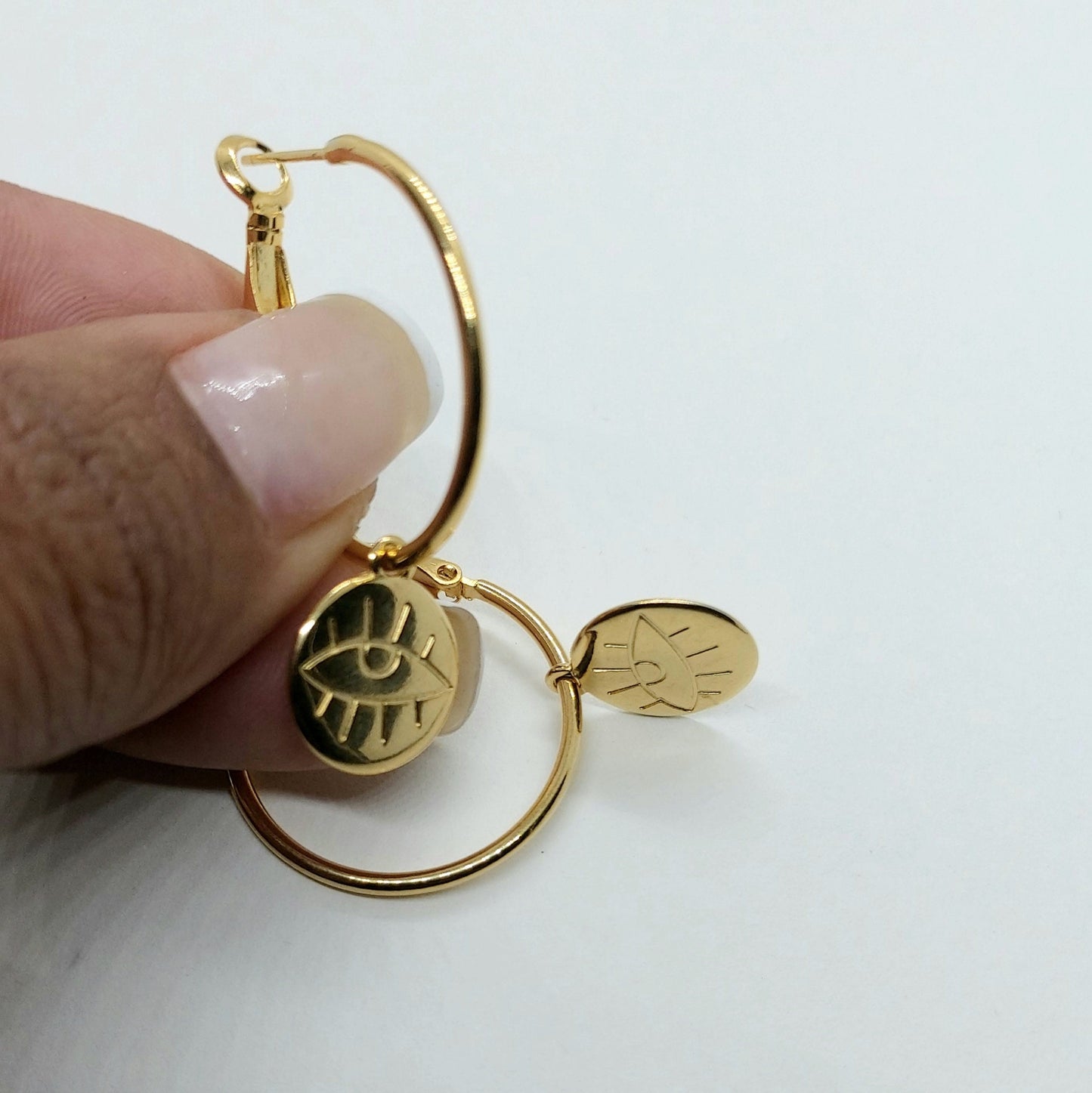 Gold hoop earrings , evil eye hoop earrings , charm earring hoops , thin hoop earrings , dainty hoop earrings , sll seeing eye gold hoops