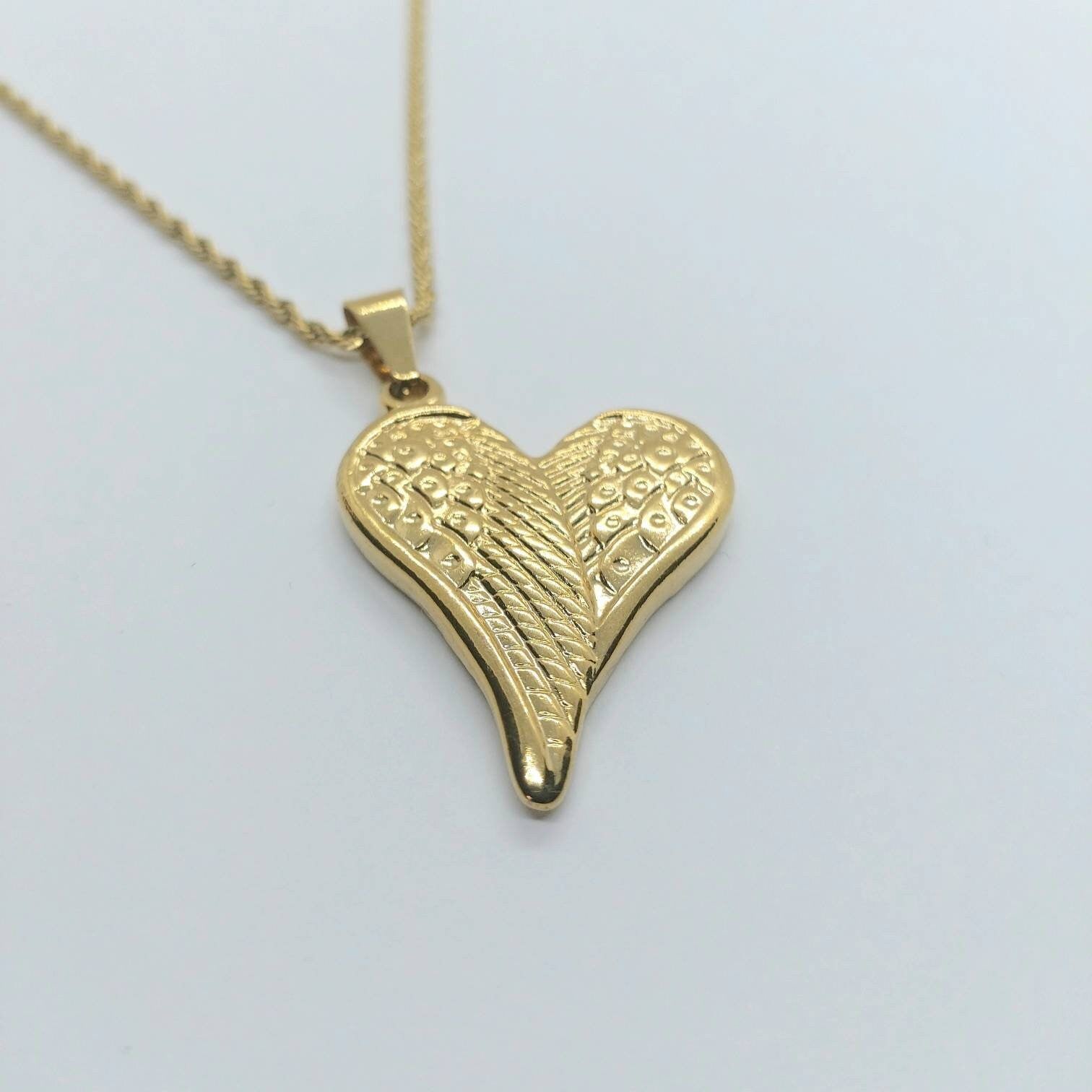 Loss pedant , pendant necklace, heart charm, gold pendant , angel wings in heart pendant, gold chain necklace , 24k gold plated necklace