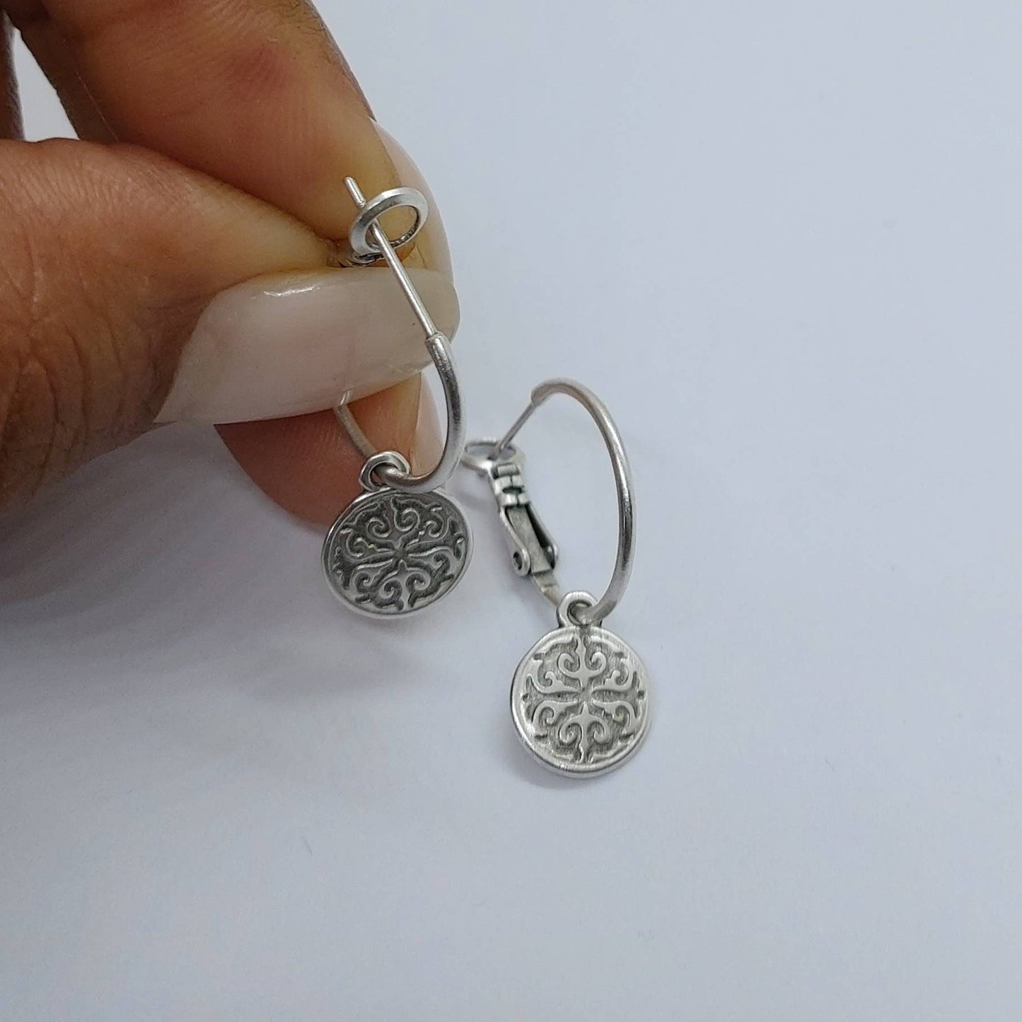 Charm hoop earrings , silver hoop earrings , charm earring hoops , thin hoop earrings , dainty hoop earrings , dangle drop earrings silver