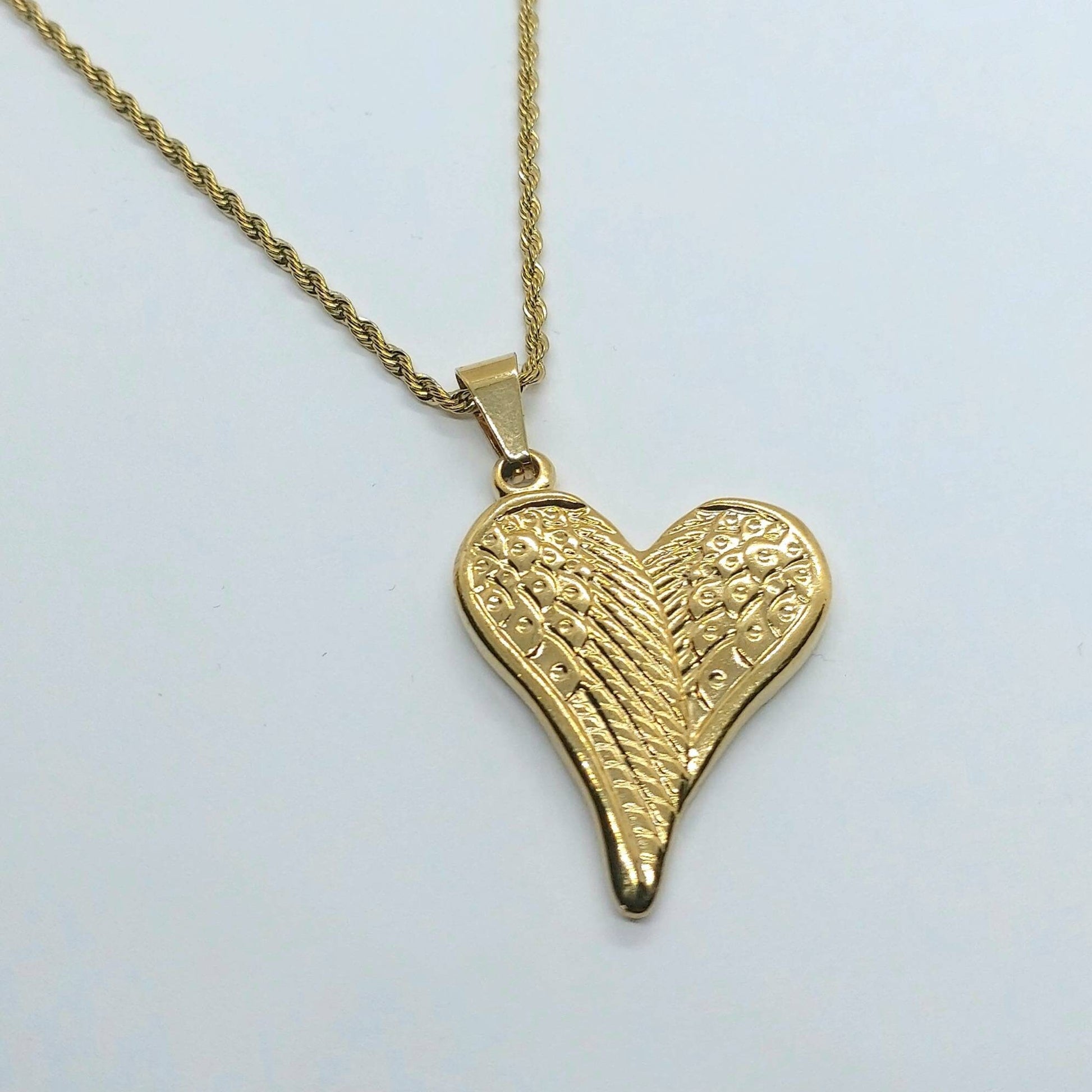 Loss pedant , pendant necklace, heart charm, gold pendant , angel wings in heart pendant, gold chain necklace , 24k gold plated necklace