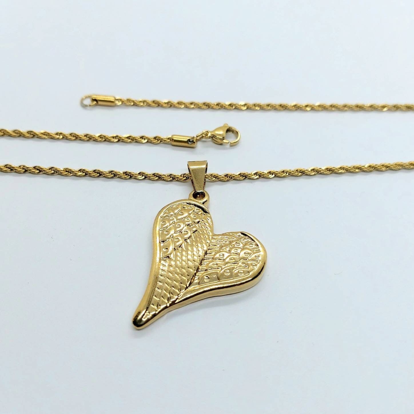 Loss pedant , pendant necklace, heart charm, gold pendant , angel wings in heart pendant, gold chain necklace , 24k gold plated necklace