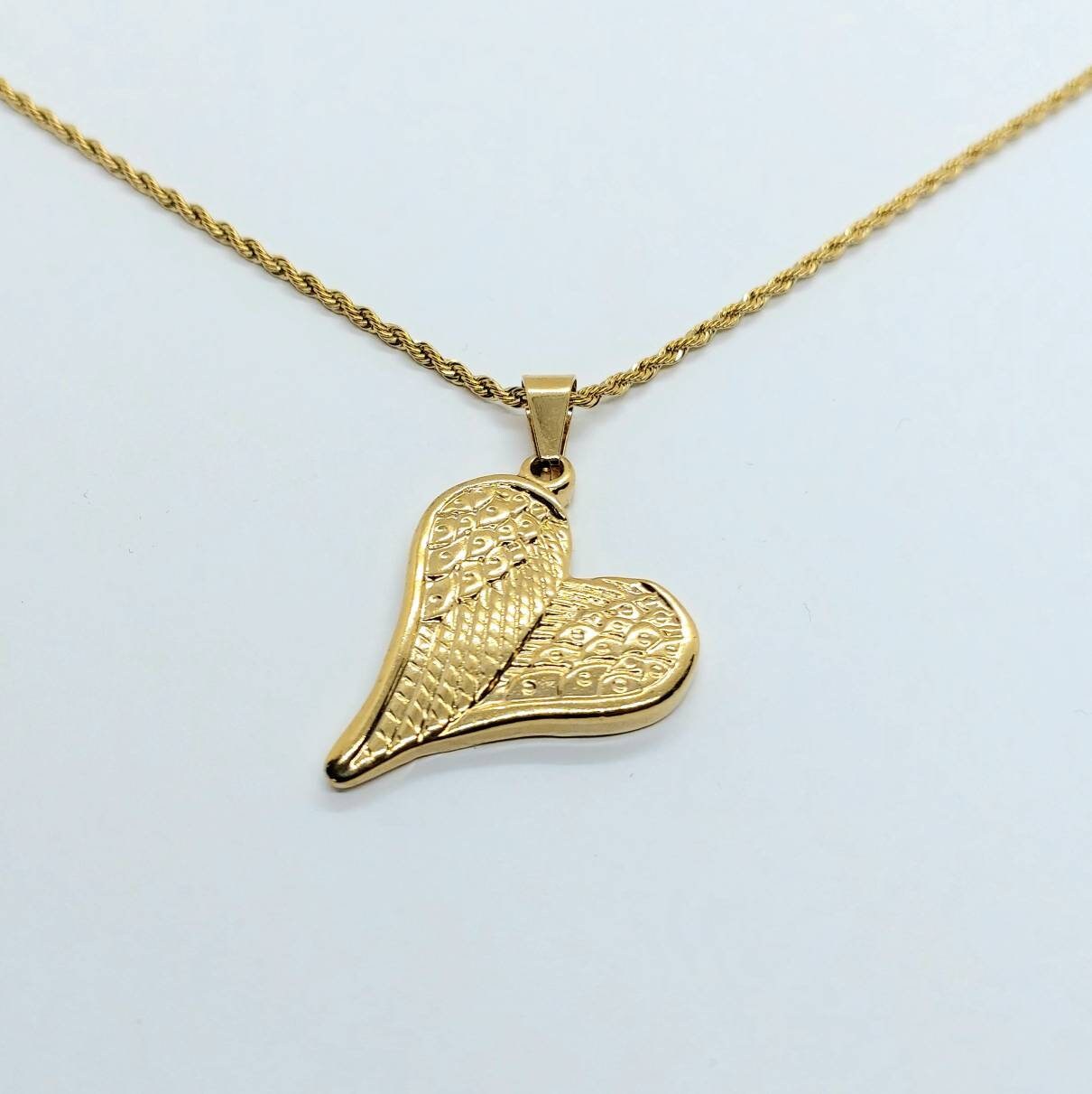 Loss pedant , pendant necklace, heart charm, gold pendant , angel wings in heart pendant, gold chain necklace , 24k gold plated necklace