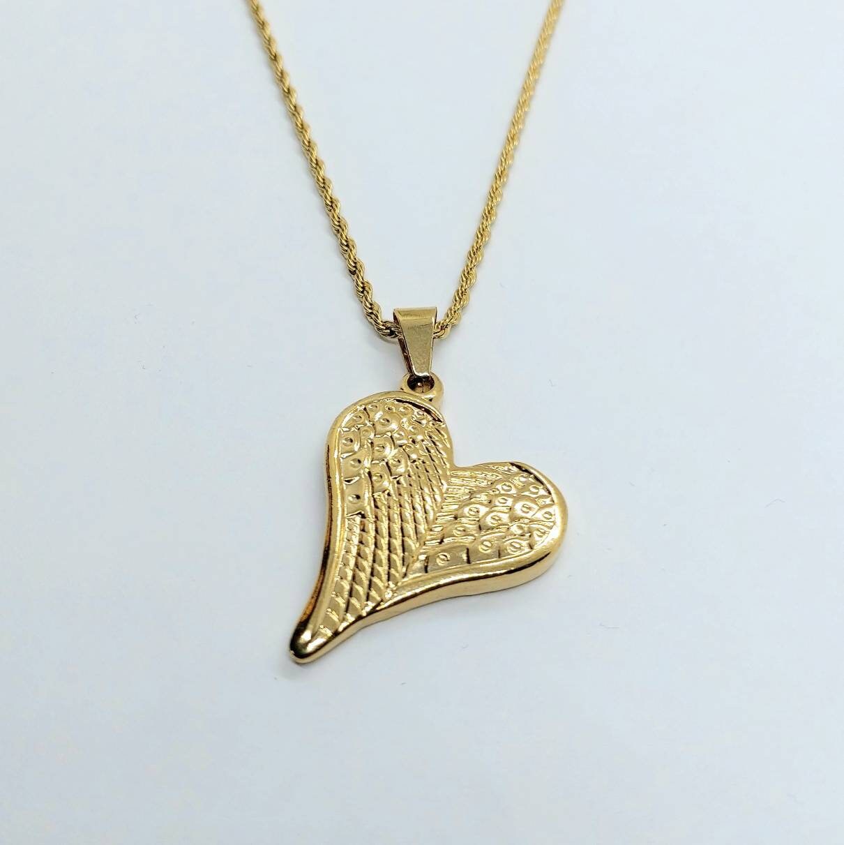 Loss pedant , pendant necklace, heart charm, gold pendant , angel wings in heart pendant, gold chain necklace , 24k gold plated necklace