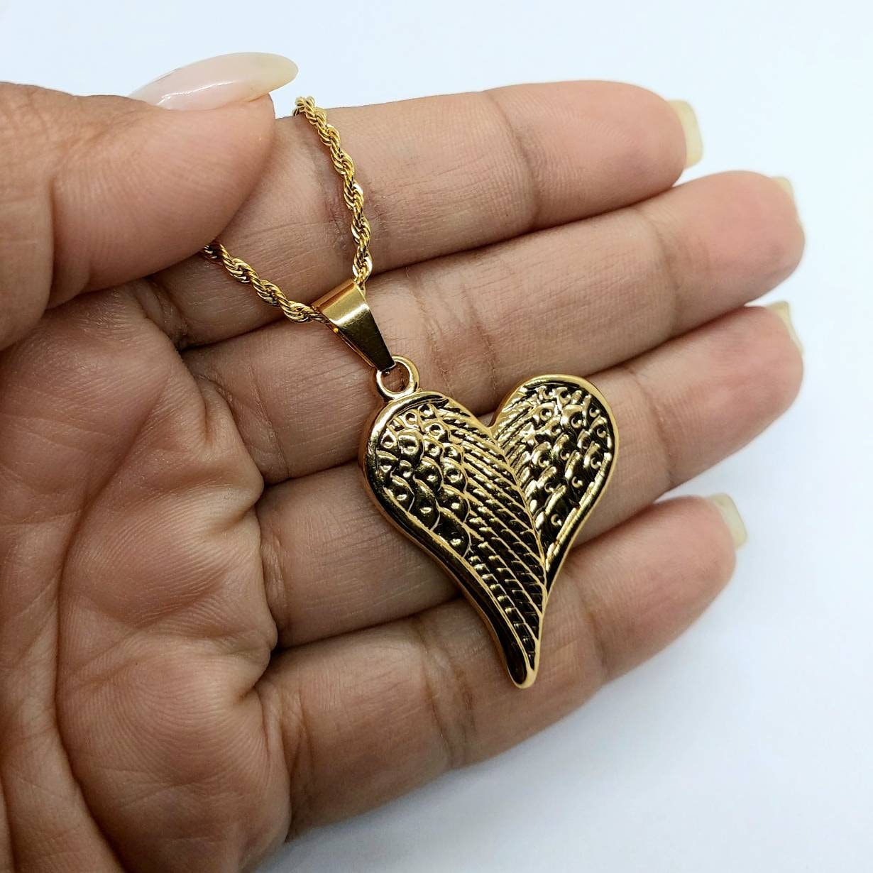 Loss pedant , pendant necklace, heart charm, gold pendant , angel wings in heart pendant, gold chain necklace , 24k gold plated necklace