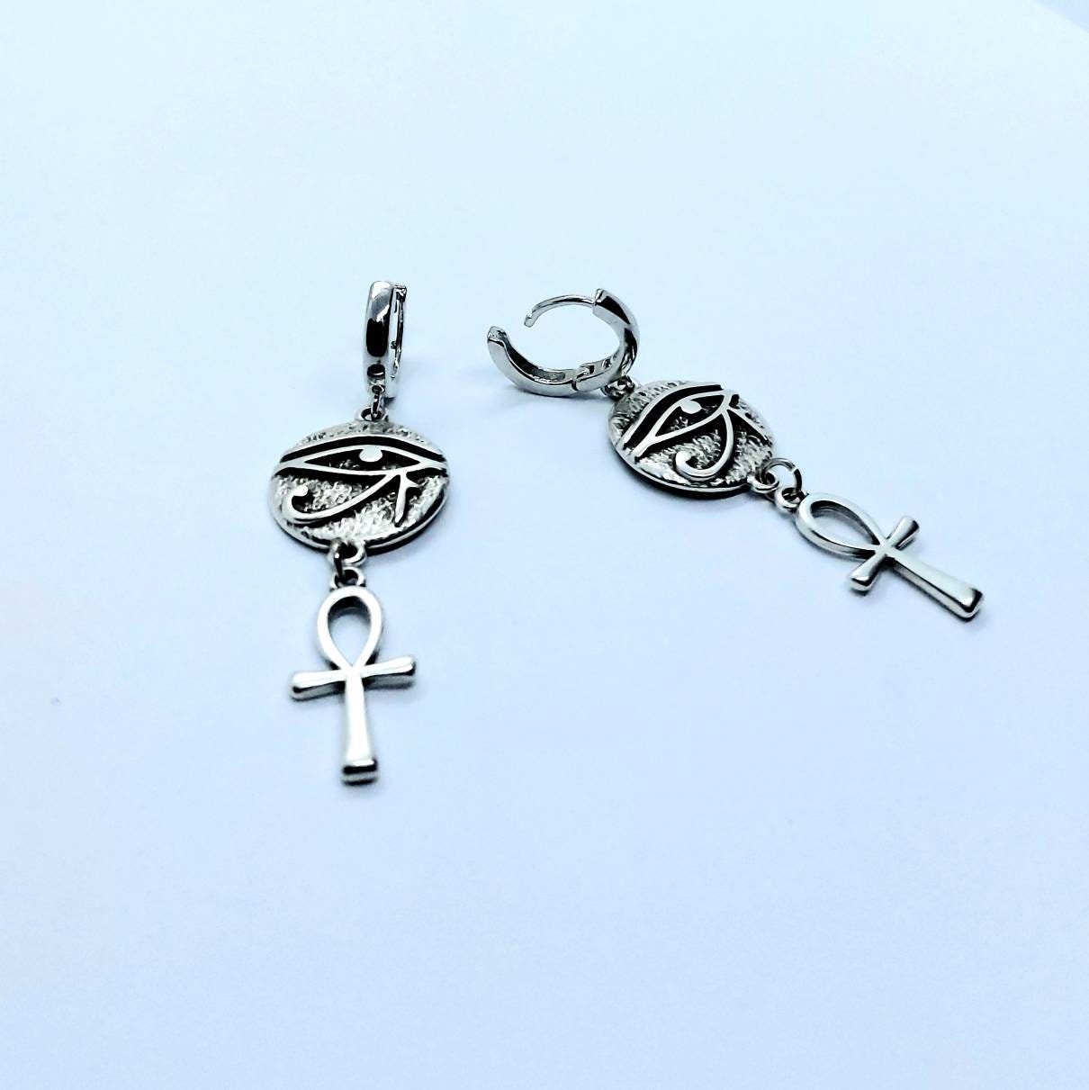 Ankh and eye of Ra earrings, ankh hoop earrings, Egyptian earrings , ankh and Ra jewelry, ankh earrings silver ,silver filled earrings