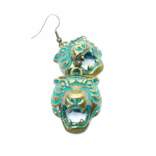 Tiger earrings , boho earrings , green patina earrings, brass earrings, tiger jewelry , animal earrings , tiger head drop earrings