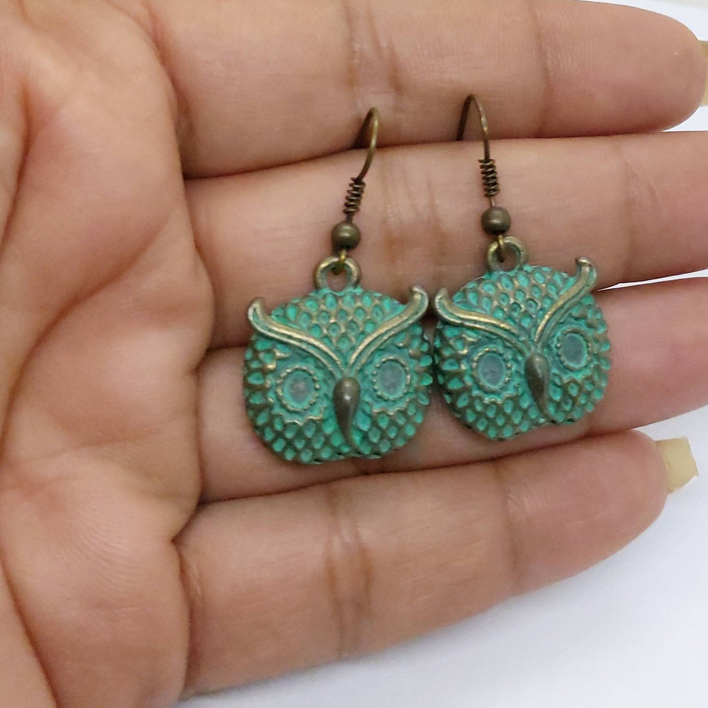 Owl earrings , boho earrings , brass earrings , dangle earrings , green patina earrings , unique earrings , animal lover gifts , owl jewelry