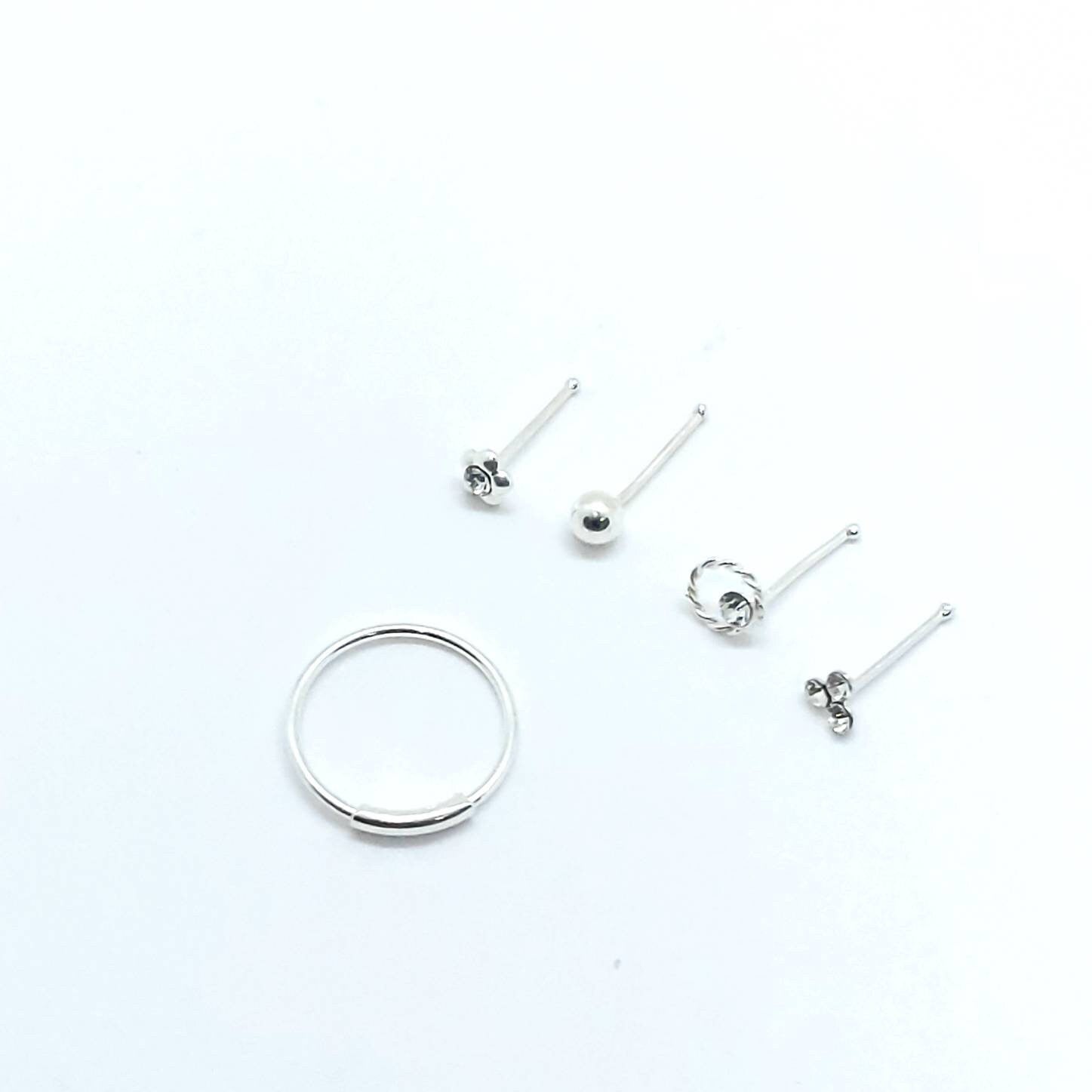 Nose ring and nose stud set 5pcs , nose piercing , 925 silver nose ring, 925 silver nose studs , nose ring studs, silver nose ring studs