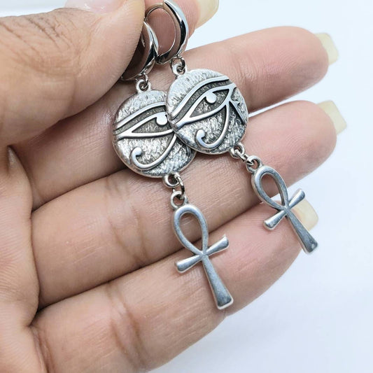 Ankh and eye of Ra earrings, ankh hoop earrings, Egyptian earrings , ankh and Ra jewelry, ankh earrings silver ,silver filled earrings