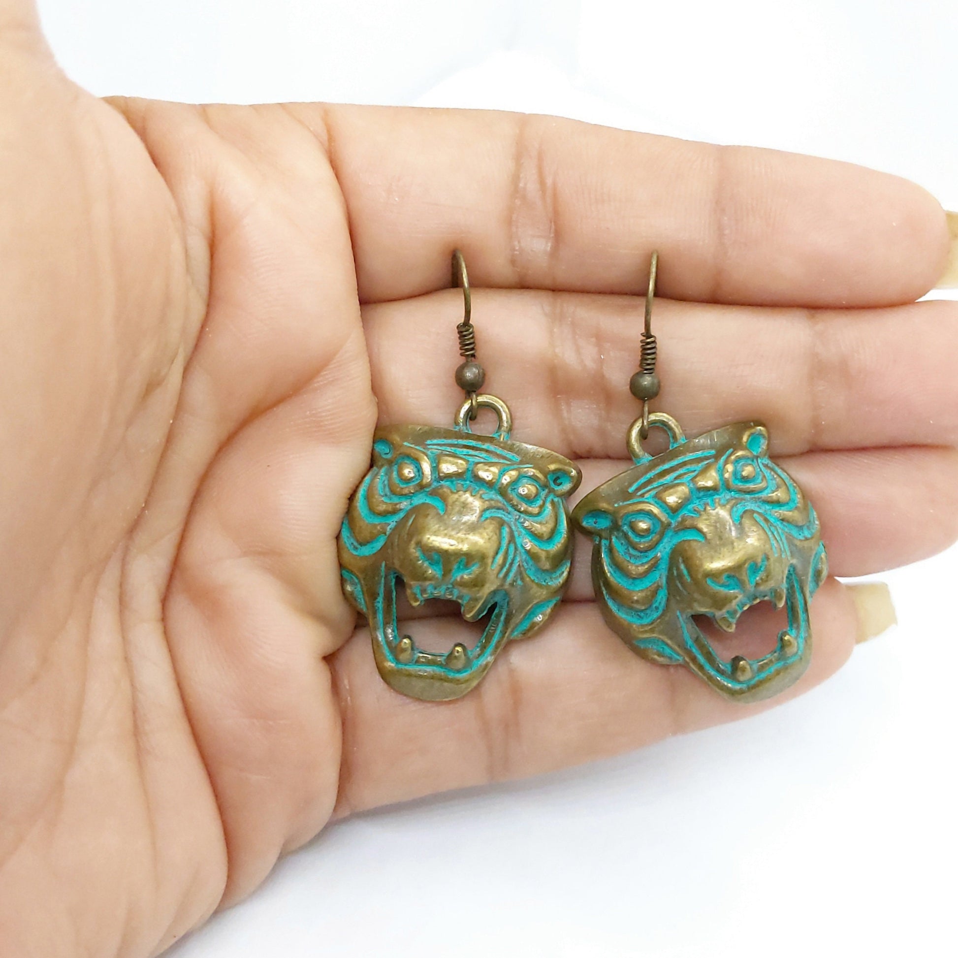 Tiger earrings , boho earrings , green patina earrings, brass earrings, tiger jewelry , animal earrings , tiger head drop earrings