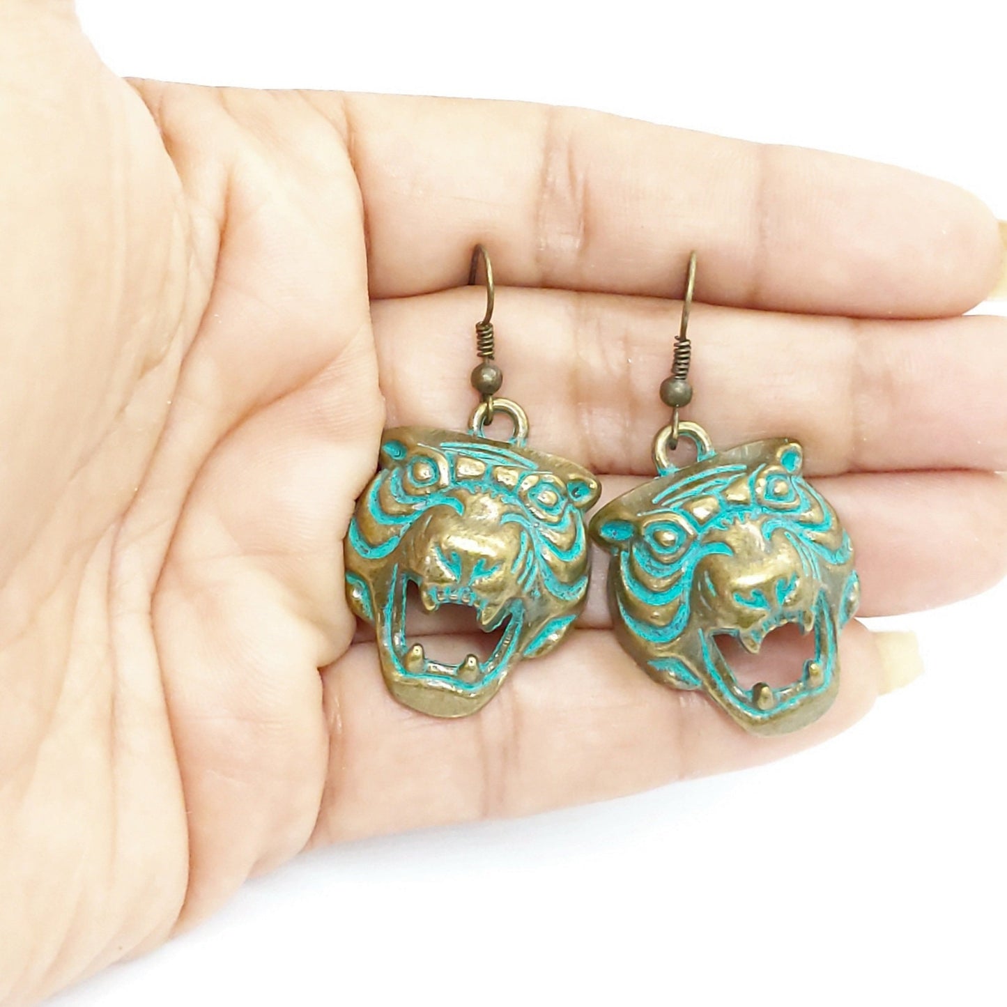 Tiger earrings , boho earrings , green patina earrings, brass earrings, tiger jewelry , animal earrings , tiger head drop earrings