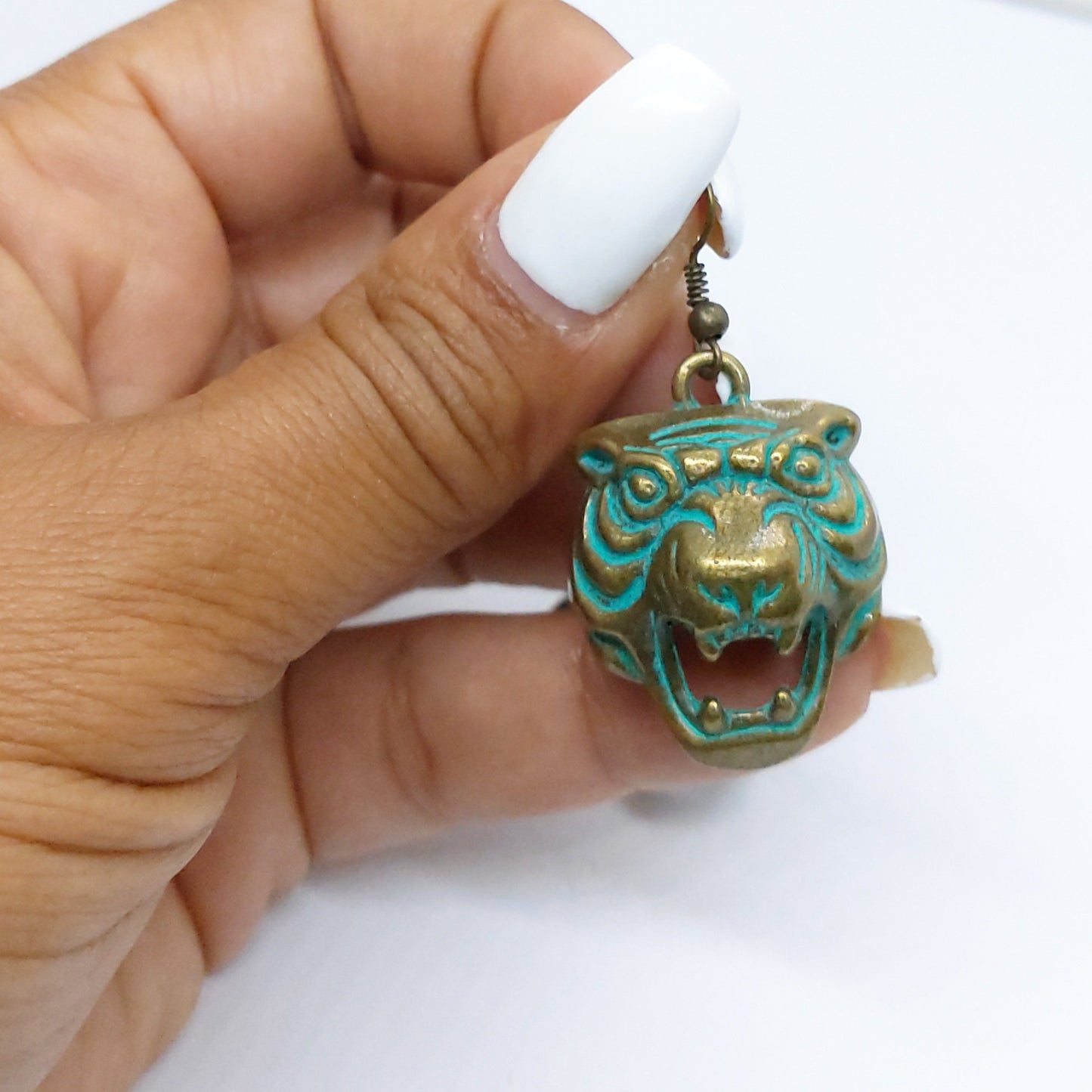 Tiger earrings , boho earrings , green patina earrings, brass earrings, tiger jewelry , animal earrings , tiger head drop earrings