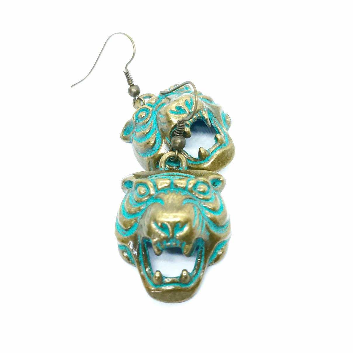 Tiger earrings , boho earrings , green patina earrings, brass earrings, tiger jewelry , animal earrings , tiger head drop earrings