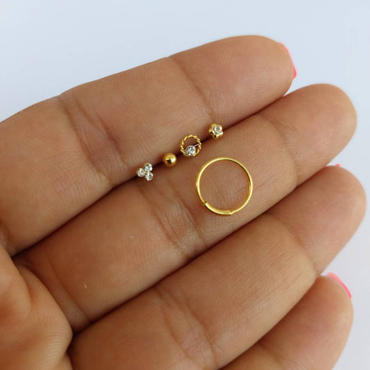 Nose hoop and tiny nose stud set 5pcs , nose piercing , gold nose ring, tiny nose studs , nose ring studs , nose piercing ,925 gold plated