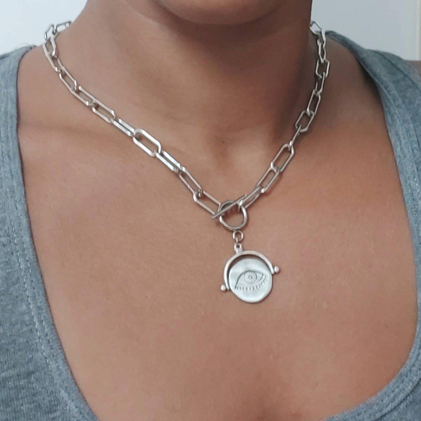 All seeing eye chunky necklace , silver chain necklace , layering necklace , evil eye pendant , protection necklace , thick chain necklace