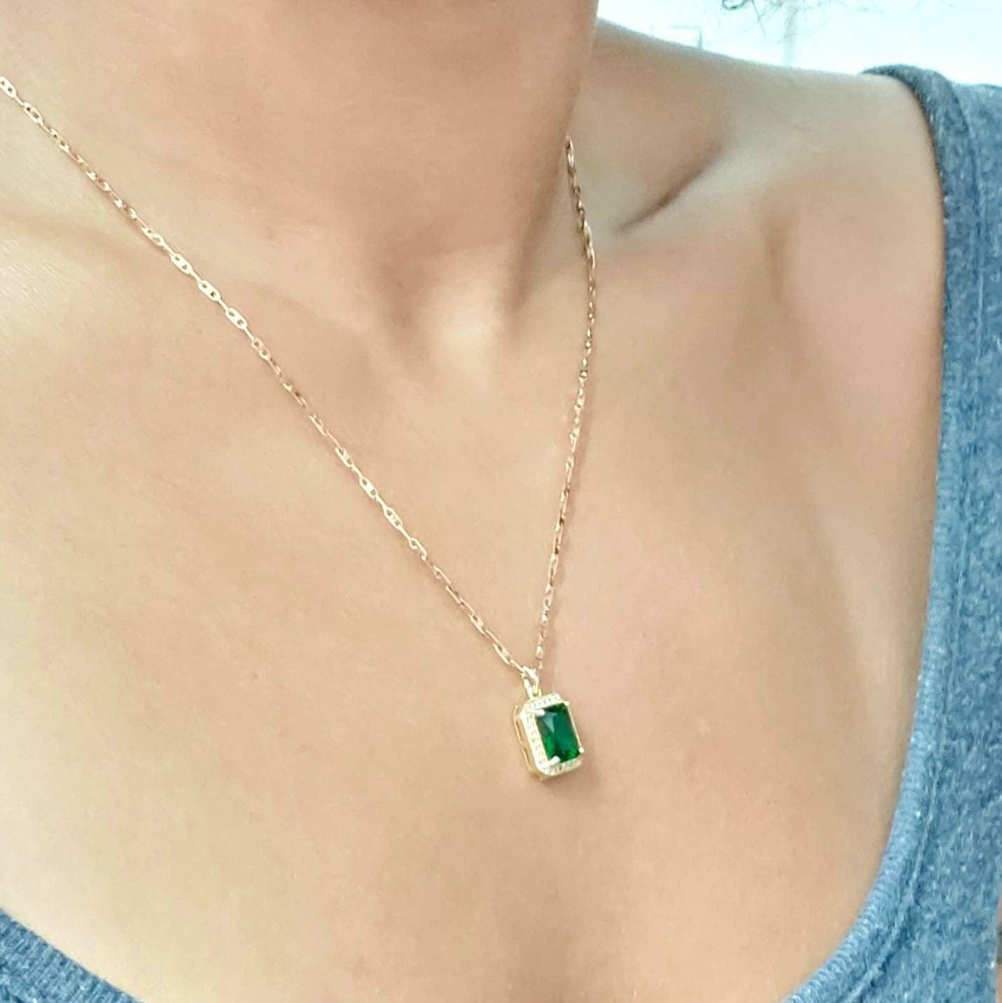 Classic rectangle necklace, emerald necklace , gold chain necklace , vintage necklace , chain necklace , gold dainty necklace, gift for her